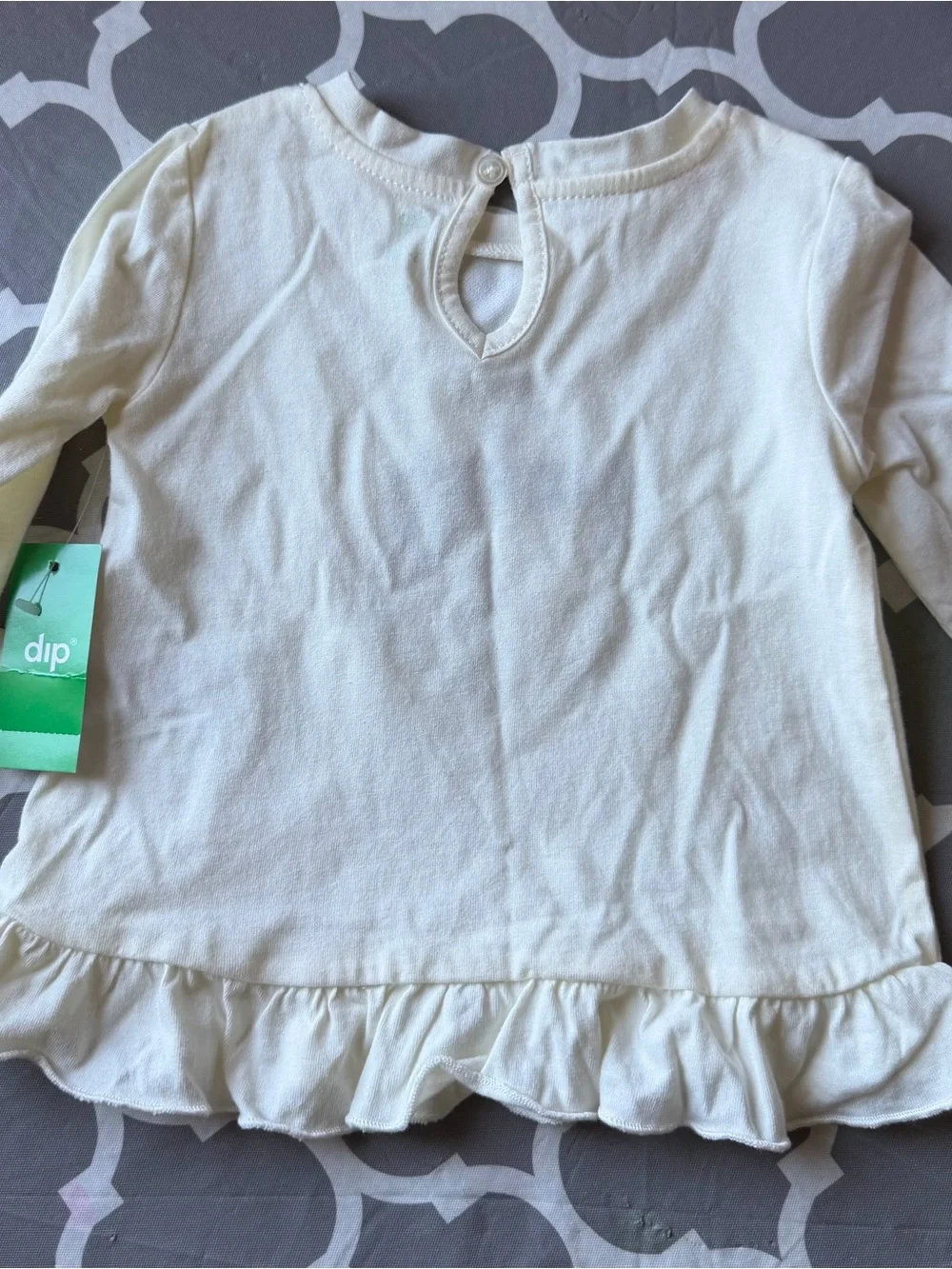 dip White Long-Sleeve Ruffle Hem Top with Bear and Trees Graphic